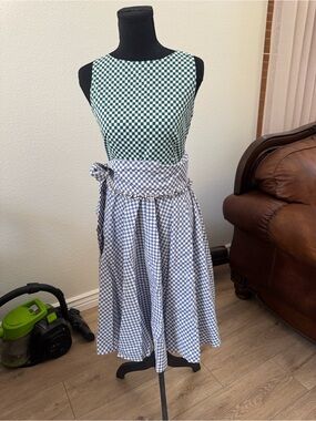 MARELLA Two-Tone Gingham Midi Dress in Green and White